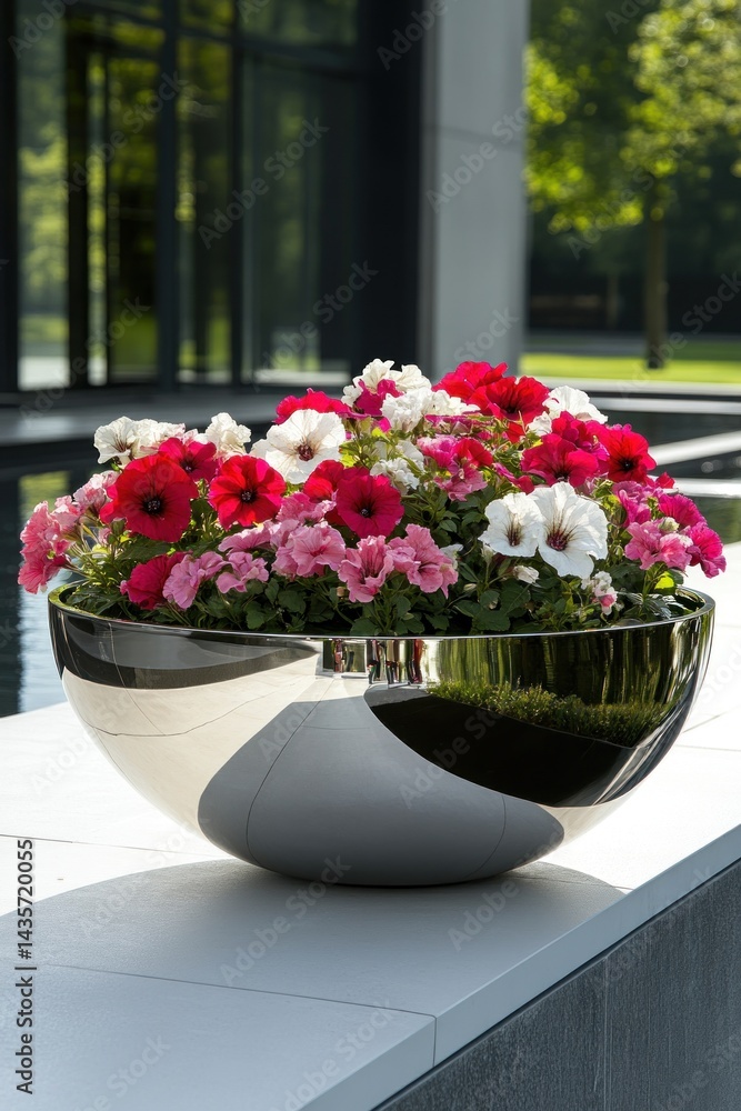 Fototapeta premium Modern garden design featuring vibrant flowers in a sleek metallic planter by a reflecting pool