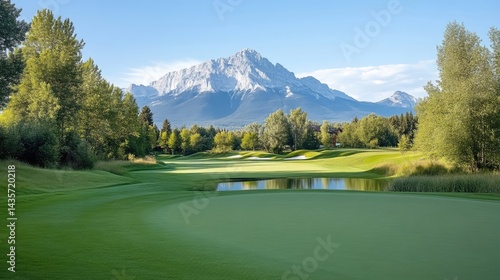 Golf Course Lush Greens Mountainous Backdrop Scenic Style High Definition Wide Angle View Serene Landscape Relaxation Rocky Mountain Range Vibrant Greens Tourism Advertisement