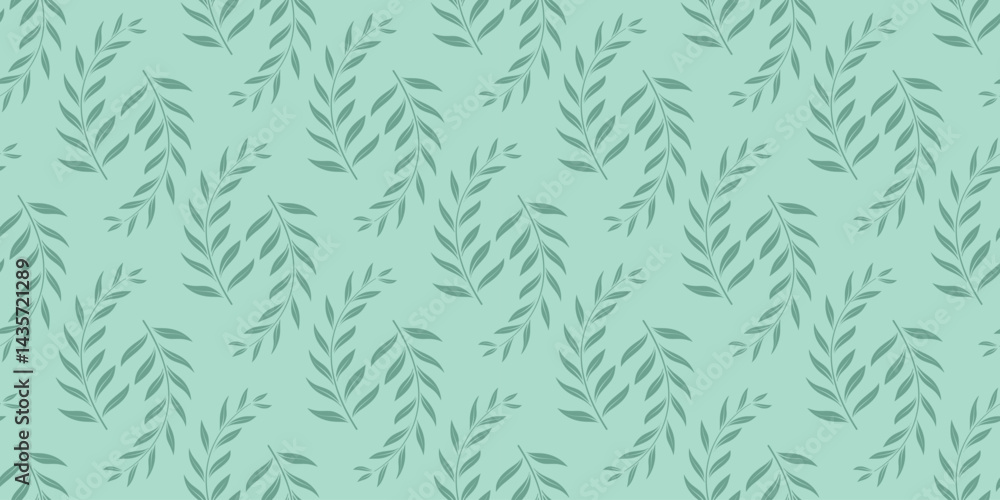 Obraz premium Elegant branches with leaves on soft green background. Seamless foliage pattern. Nature motif print. Vector graphics