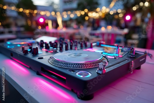 DJ mixing equalizer at an outdoor music party festival, with a party dinner table and vibrant lighting, creating an entertainment and event organizer concept.