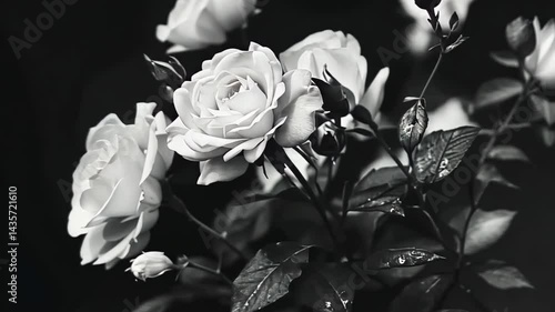 Elegant white roses bloom in a serene garden, capturing the essence of nature's beauty and tranquility amidst gentle shadows Generative AI