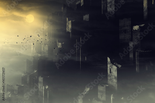 ancient ruins at night, halloween 3d illustration