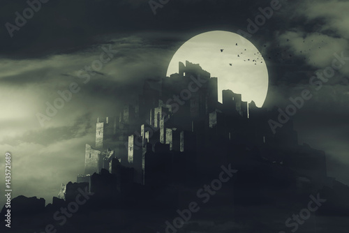 ancient castle ruins on full moon night, fantasy halloween 3d illustration