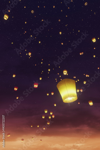 sky lantern at sunset, fant...
