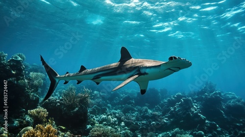 Majestic hammerhead shark cruising amidst coral reefs in turquoise ocean