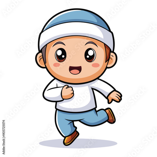 Cartoon illustration of a happy child wearing a light blue cap and white shirt, light blue pants, and light brown shoes, in a dynamic running pose