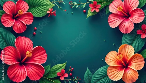 Bold hibiscus blossoms & tropical foliage, vibrant repeat , seamless, flowers