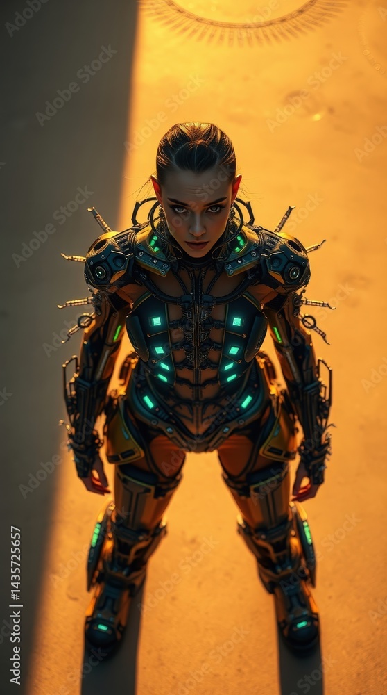 Naklejka premium Futuristic Woman in Cyberpunk Armor with Green Lights