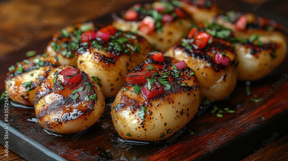 Grilled Scallops with Herb and Red Pepper Relish on Wooden Board Grilled Scallops with Herb and Red Pepper Relish on Wooden Board