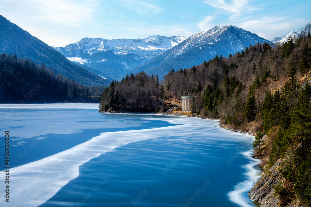 Frozen barrier lake in Bavaria