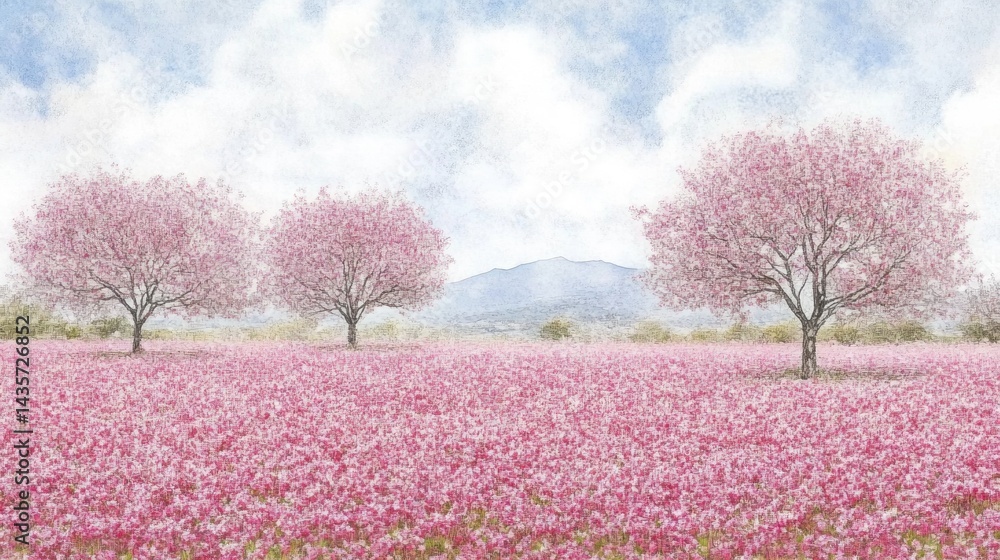 Pastel pink cherry blossoms fill a serene spring landscape. Pastel pink cherry blossoms fill a serene spring landscape.