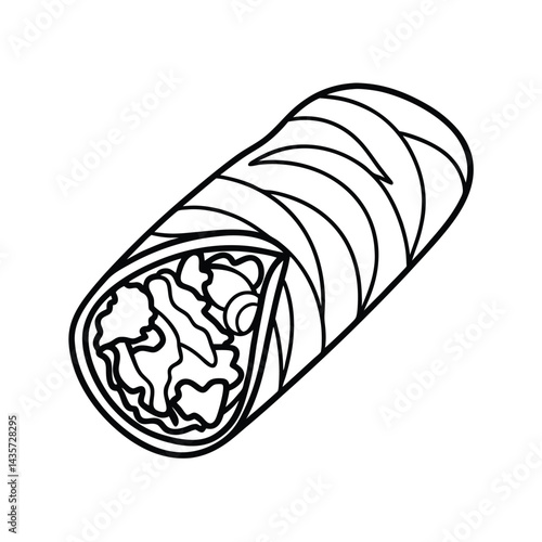Line art vector of a burrito filled with meat and vegetables traditional mexican food