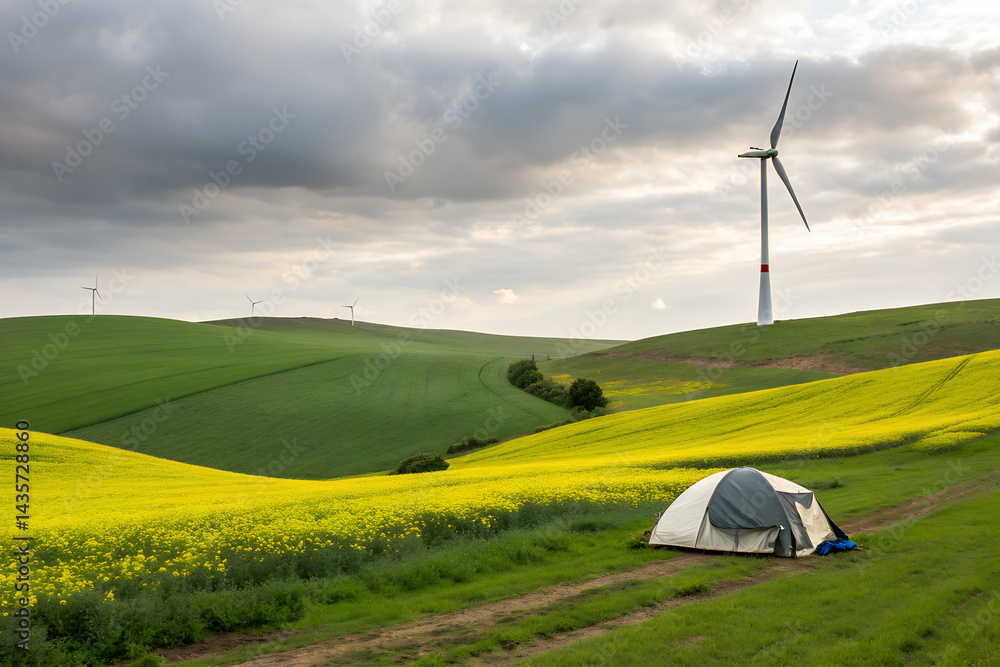Obraz premium Serene Campsite in Wind Farm Landscape