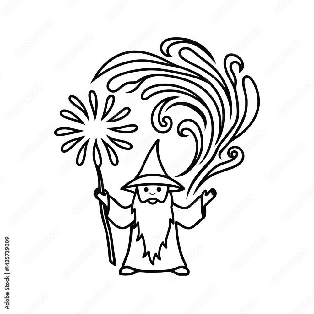 Cartoon wizard casting a spell with staff and magic graphic element isolated on white Cartoon wizard casting a spell with staff and magic graphic element isolated on white