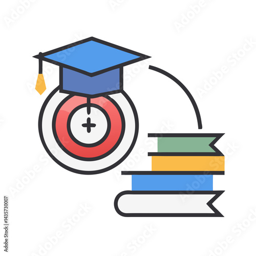 Education goals with graduation cap, books, and target focus