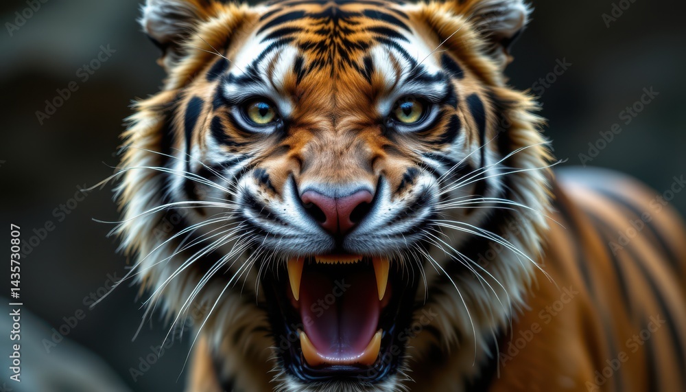 Close up portrait of roaring tiger with sharp detail on its face and intense gaze Close up portrait of roaring tiger with sharp detail on its face and intense gaze