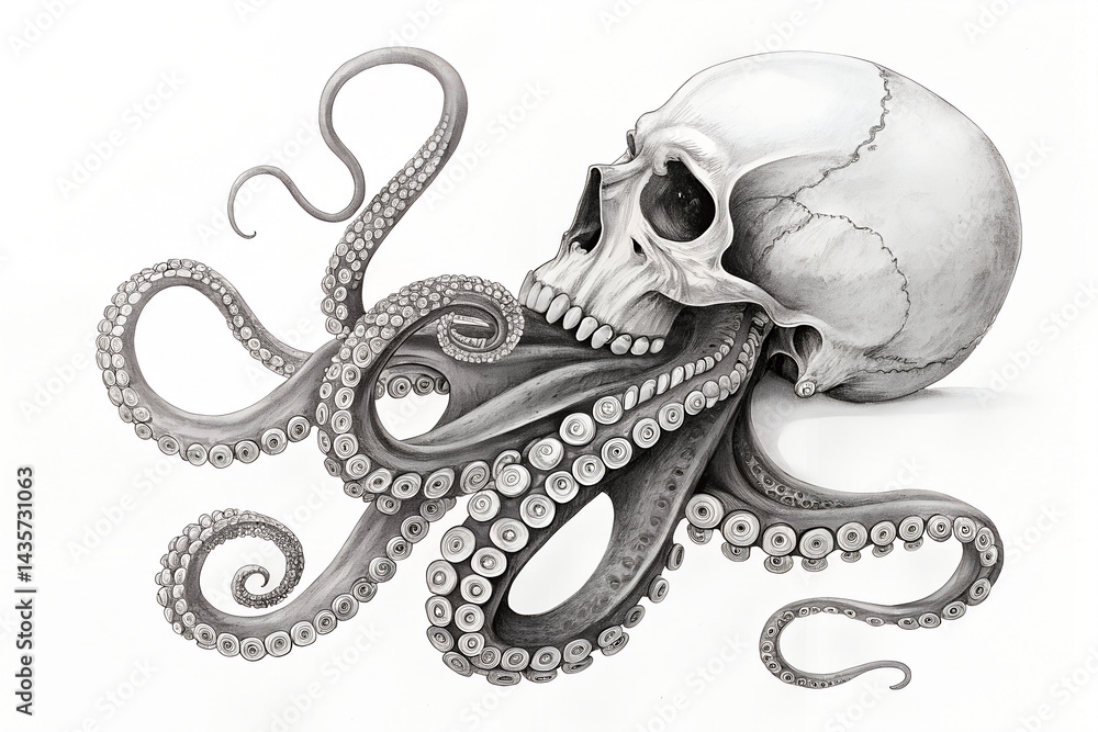 Obraz premium Octopus and Human Skull Illustration