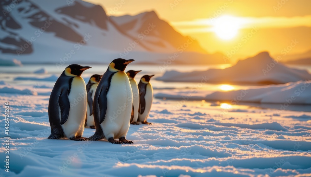 Obraz premium Portrait of arctic penguins gathered on melting iceberg, captured under warm light symbolizing climate change awareness