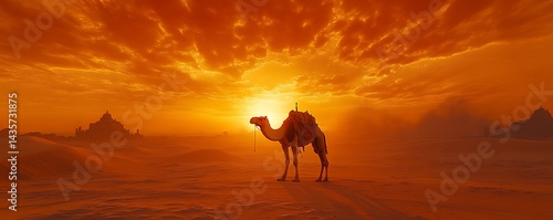 Camel in Desert Sunset; Dramatic Landscape; Tourist Destination; Scenic Background; Travel Photography