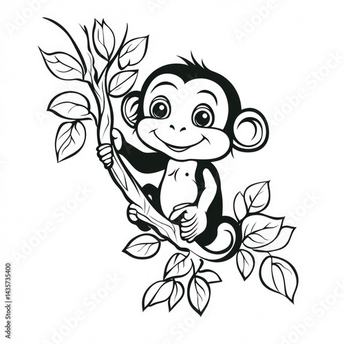 Wallpaper Mural Cute smiling monkey sitting on a branch surrounded by leaves on white background Torontodigital.ca