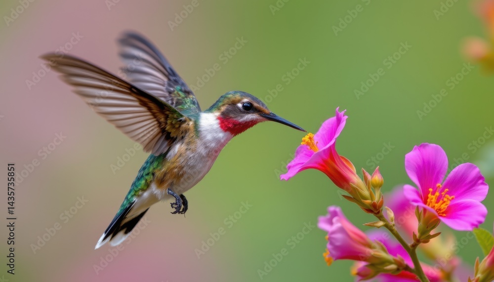 Fototapeta premium Scaly breasted hummingbird sipping nectar from flower bloom, wings caught mid motion in sharp detail, created with photo.