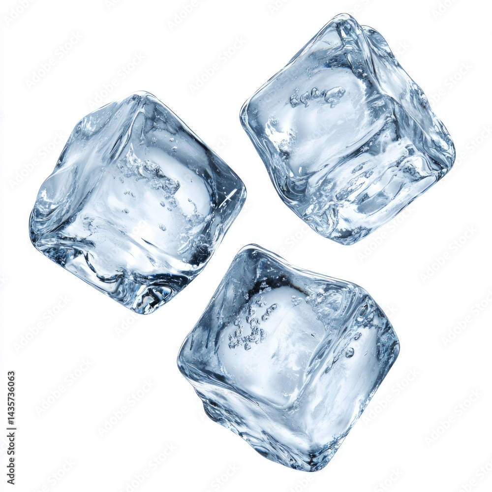 Obraz premium Three clear ice cubes with bubbles on white background