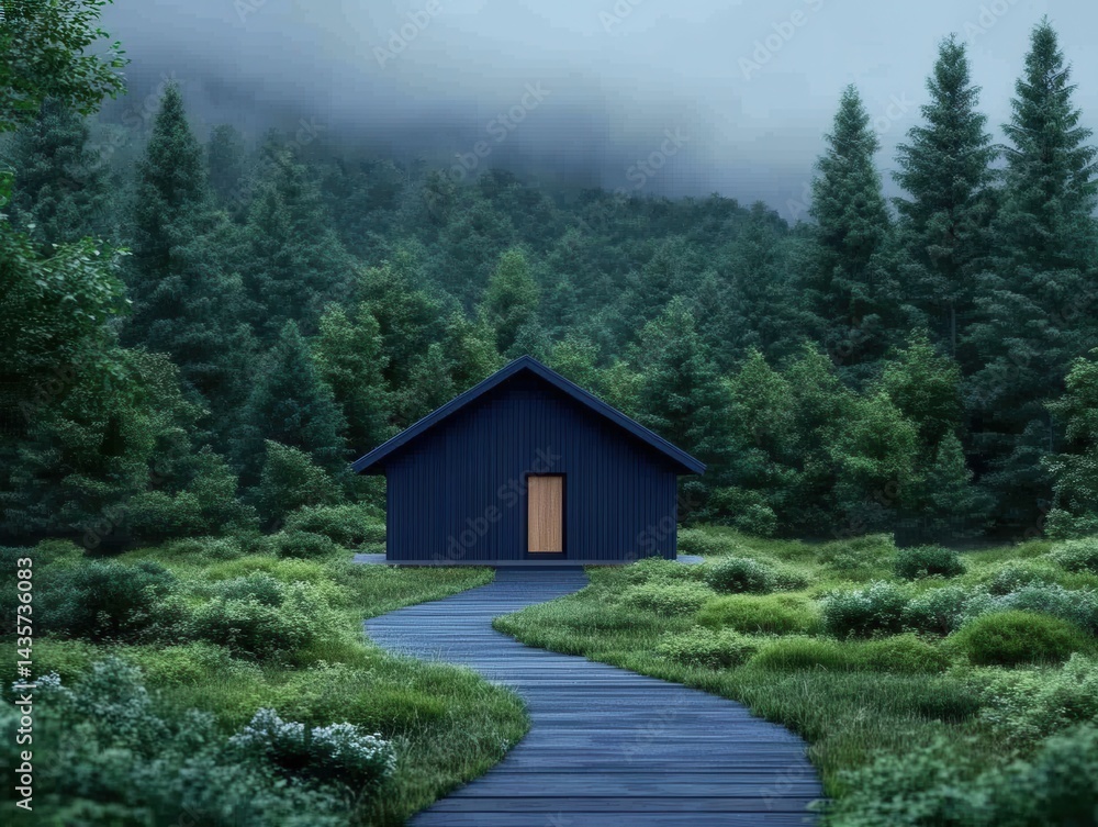 Tranquil cabin nestled in misty forest Tranquil cabin nestled in misty forest