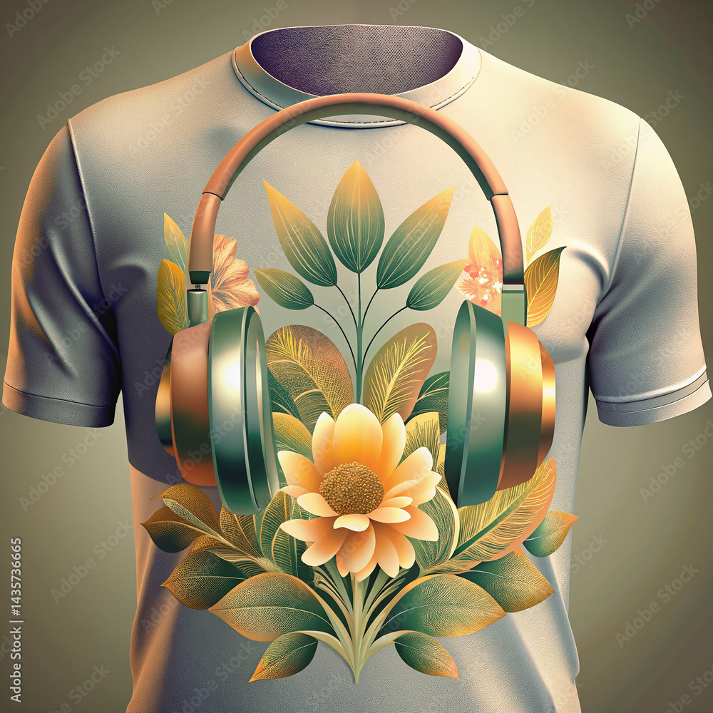 Floral T-shirt design with headphones in vibrant colors