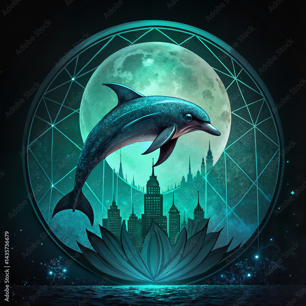 Dolphin leaping under a full moon with a city backdrop