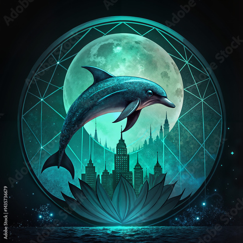 Obraz na płótnie Dolphin leaping under a full moon with a city backdrop w salonie