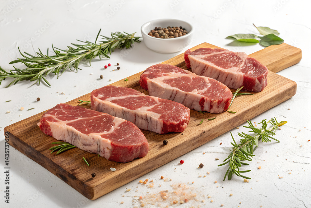 Fresh Raw Beef Steaks on Wooden Board Fresh Raw Beef Steaks on Wooden Board