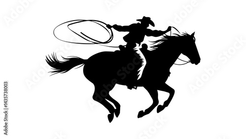 A vector silhouette of a wild west cowboy riding a running galloping horse holding onto reins and lasso