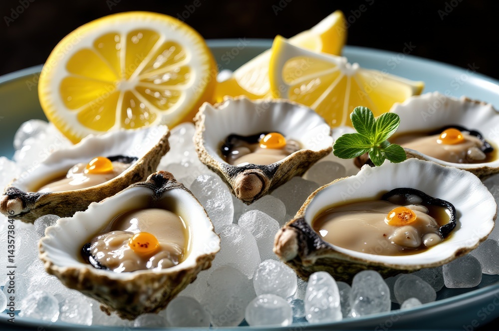 Fresh oysters served on a bed of crushed ice, surrounded by lemon wedges and sea salt