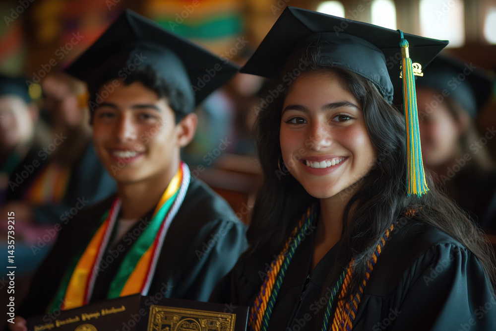 Obraz premium Young woman in graduation gown and cap smiles at camera.