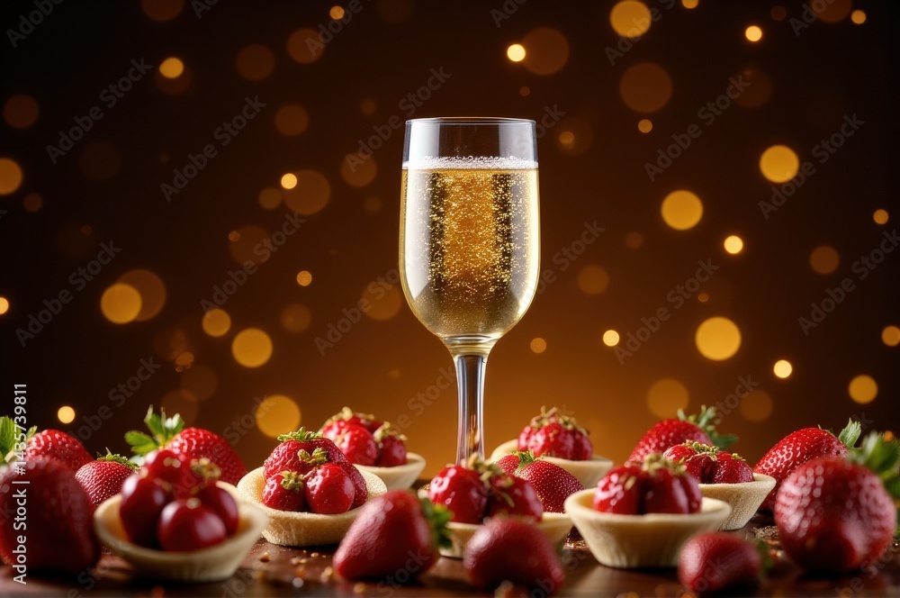 Sparkling champagne in a tall flute glass surrounded by delicate hors d'oeuvres and strawb