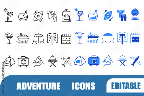 Adventure solid line and filled icon set. Vector illustration of hike, camp, global, position, campaign, location, backpack, climb, surfing, climbing, travel, canoeing etc. Outdoor activity concept.