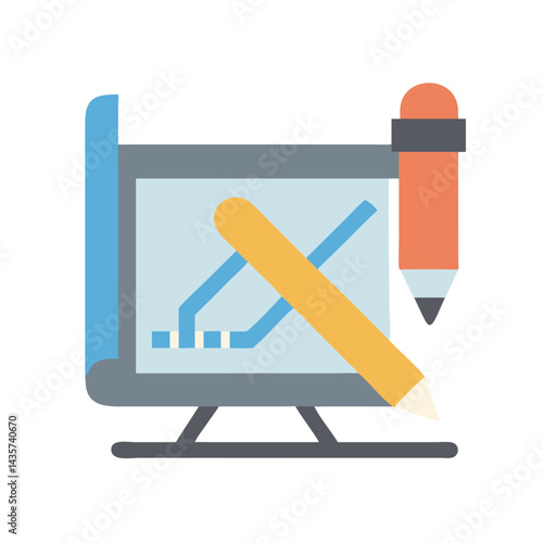 Illustration of Computer Monitor with Blueprint and Two Pencils