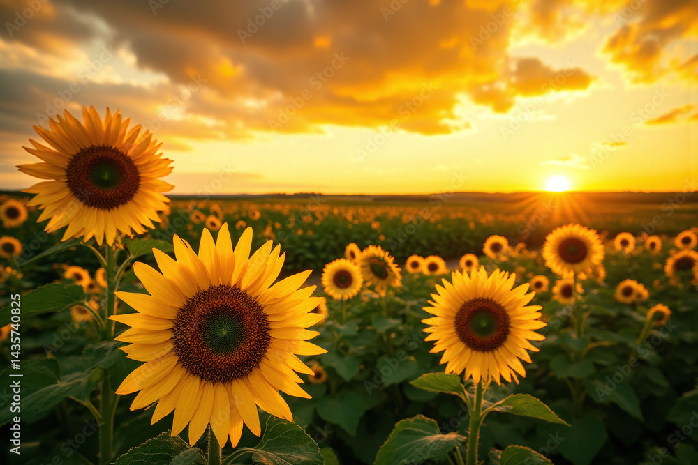 Fototapeta premium field of sunflowers with the sun setting in the background 2