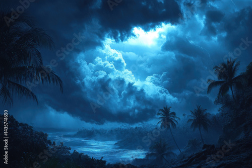 Dark blue sky with clouds and palm trees.