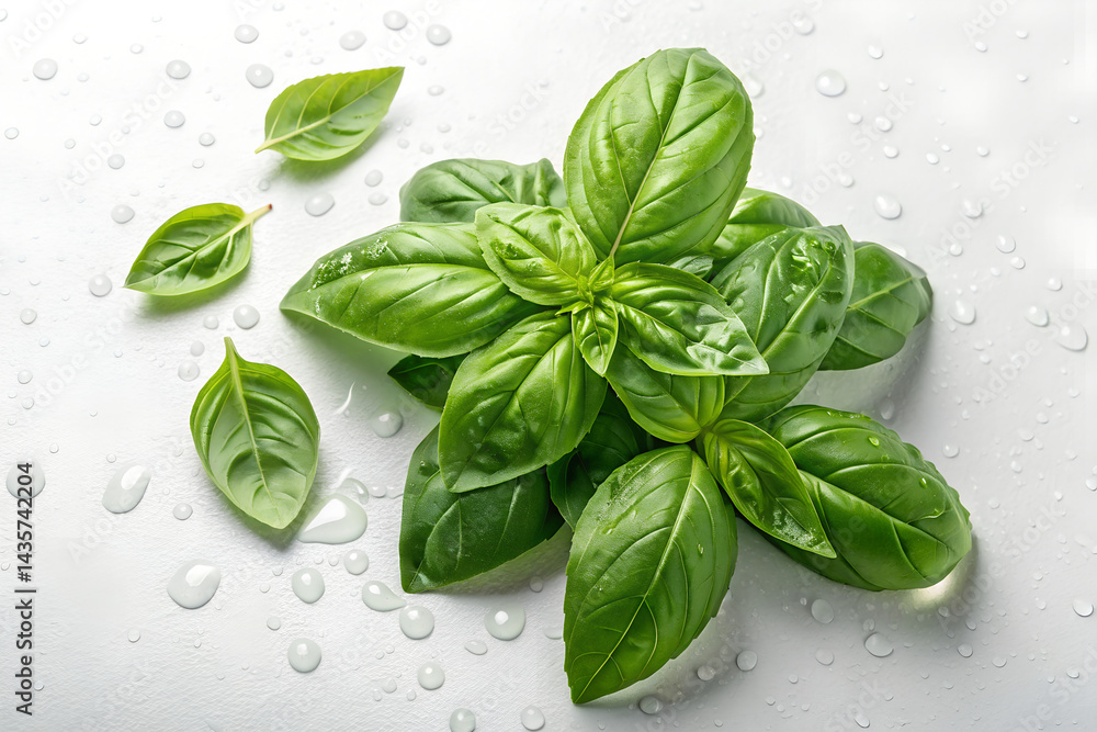 Obraz premium Fresh Basil Leaves on White Surface