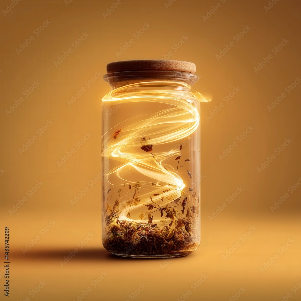 Captivating light swirl captured inside a glass jar with dried herbs on a warm backdrop Captivating light swirl captured inside a glass jar with dried herbs on a warm backdrop