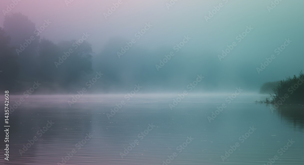 Fototapeta premium Fog Rolling Over Still Water at Sunrise with Trees Silhouette