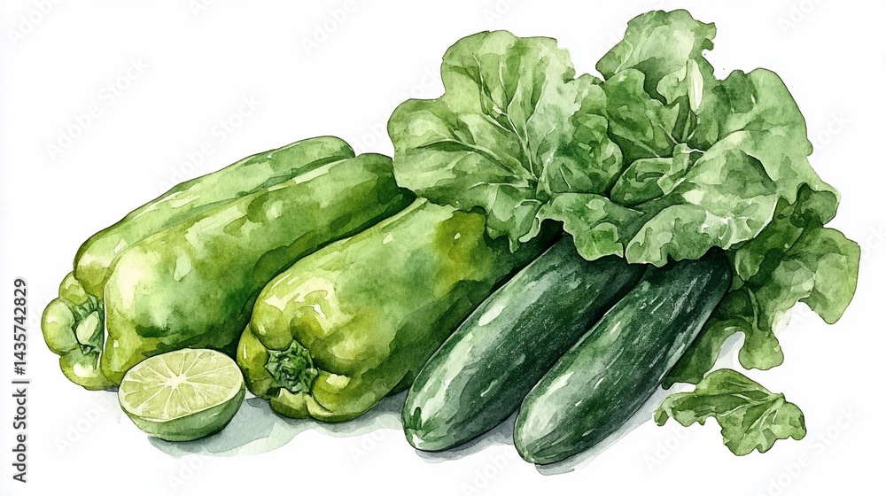 Fototapeta premium Watercolor painting featuring an assortment of fresh green vegetables