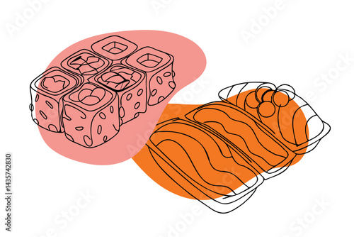 Continuous one line drawing of Sushi and Sashimi, Japanese Food, vector 