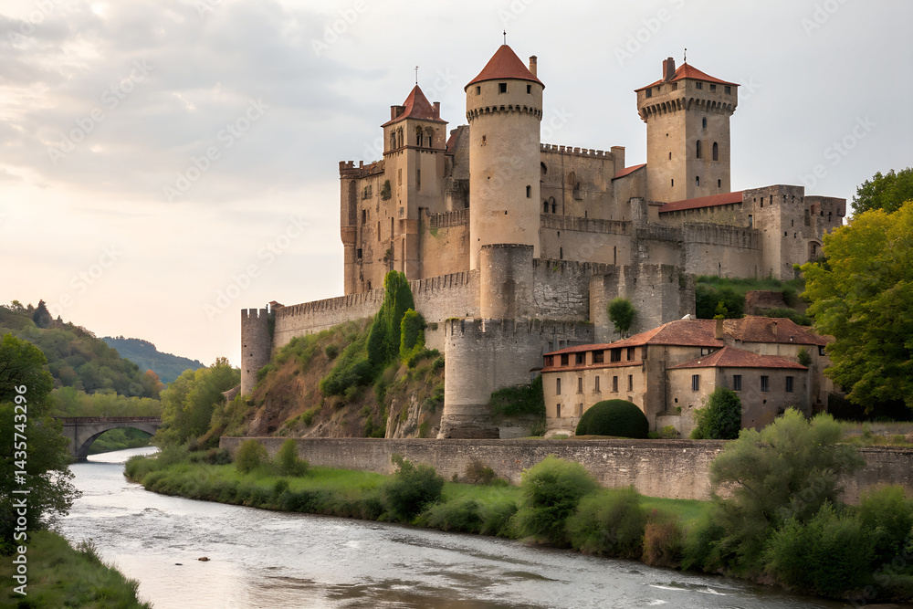 Medieval Castle on Riverbank Medieval Castle on Riverbank