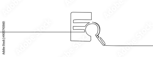 Continuous line, magnifying glass looking at document, business concept, analysis hand drawn line drawing illustration, vector, transparent background.