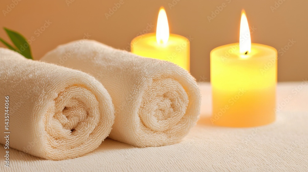 Relaxing spa setting with soft towels and flickering candles creating a calming ambiance for self-care Relaxing spa setting with soft towels and flickering candles creating a calming ambiance for self-care