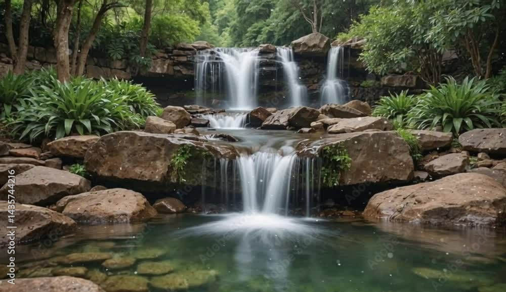 Picturesque Waterfall Cascades Among Rocky Cliffs Picturesque Waterfall Cascades Among Rocky Cliffs