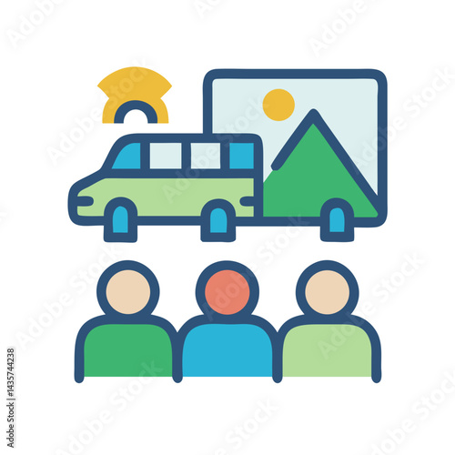 Colorful vector icon depicting travel planning with tourism elements