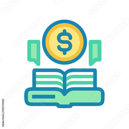 Financial education icon with book and dollar sign coin